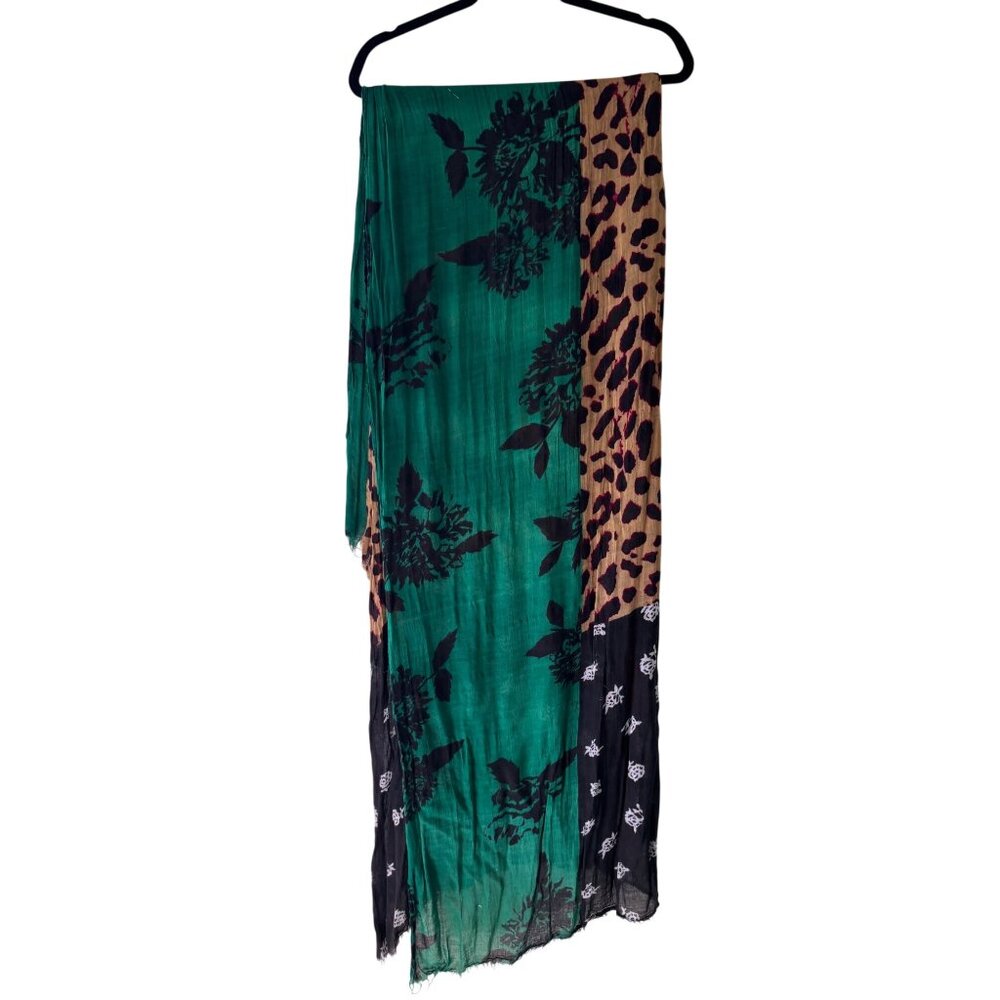 Zara Accessories Green Black Leopard Floral Mix Media Print Scarf Wrap - Picture 2 of 6